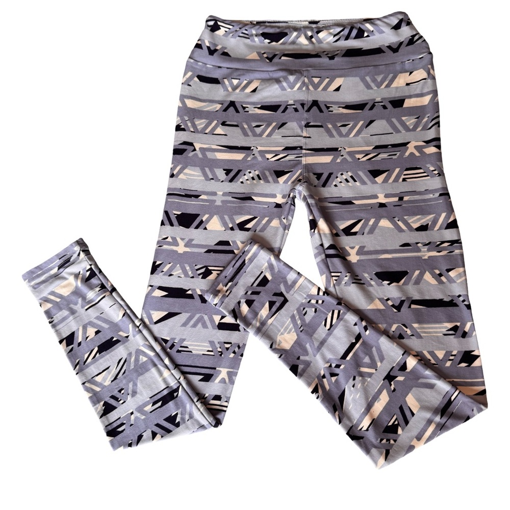 LuLaRoe Leggings One Size (2-12) Blue Geometric Print Buttery Soft Stretch EUC